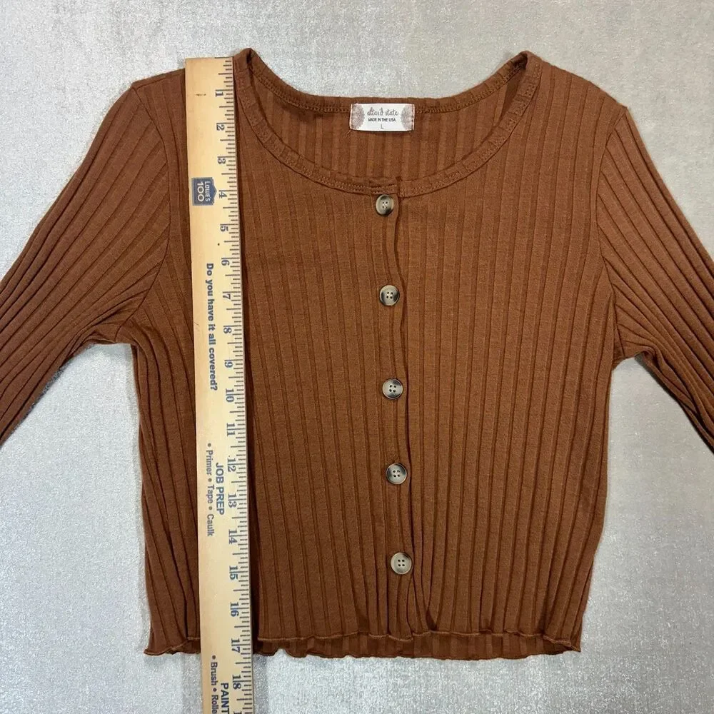 Altar’d State Ribbed Button Front Crop Womens Large Brown Long Sleeve - Picture 4 of 7